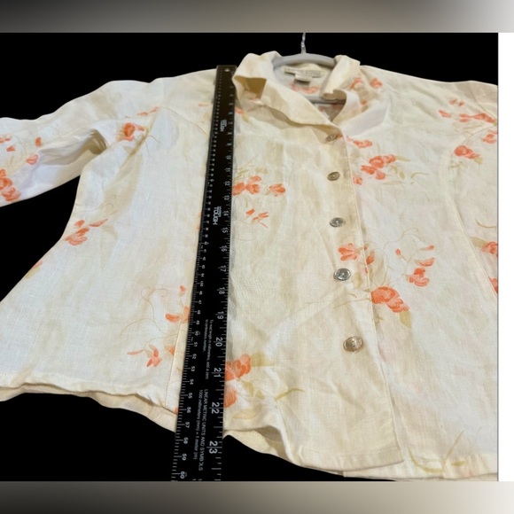 Linen Cream and Peach Floral Button-Up Blouse with Darts cuffed sleeves fitted L - Picture 5 of 7